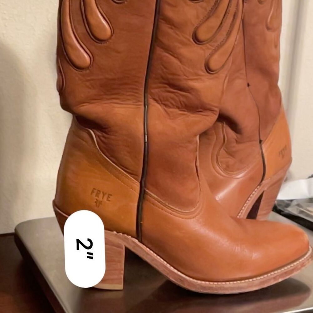 Frye Bear‎ Claw cowgirl Western block heel Boots cognac Leather 4.5 - Picture 15 of 16